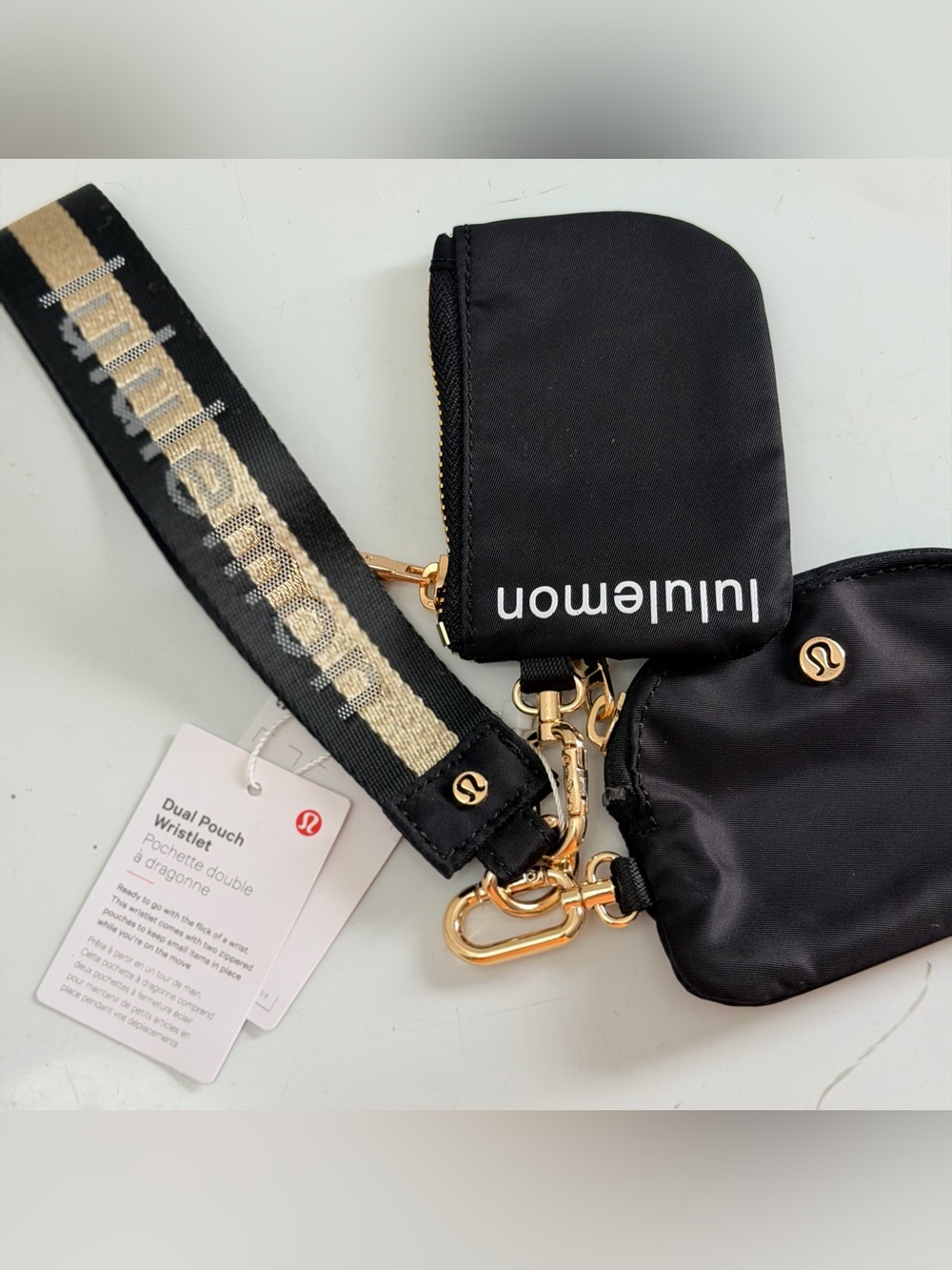 lululemon athletica Black Dual Pouch Wristlet with Gold Hardware